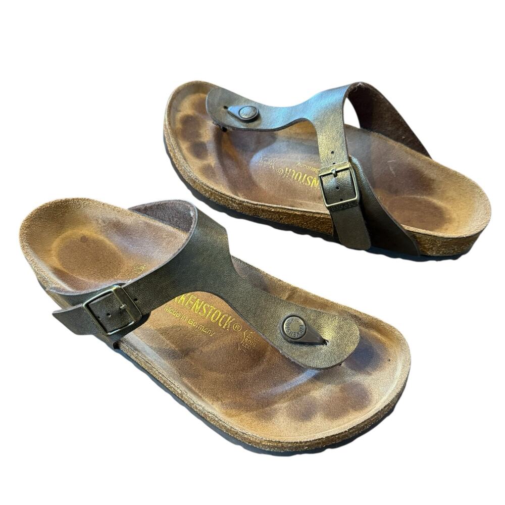 Birkenstock Womens Gizeh bronze brown leather, natural cork, graceful toffee, 38